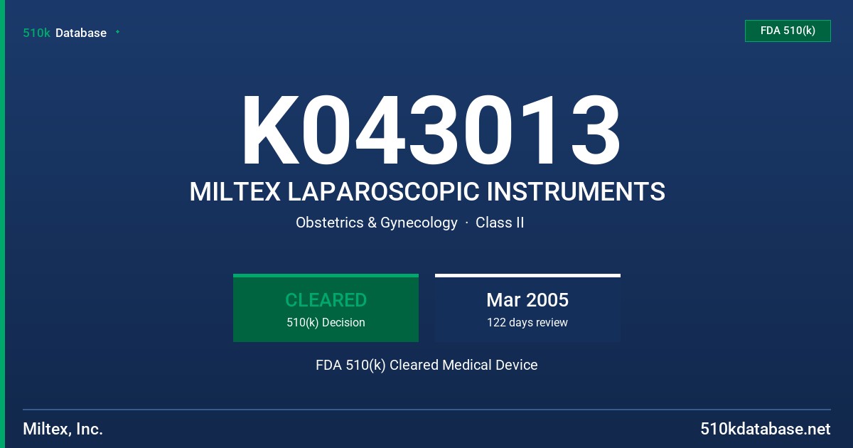 K043013 MILTEX LAPAROSCOPIC INSTRUMENTS FDA 510(k) Cleared Medical Device