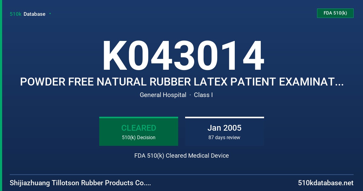 K043014 POWDER FREE NATURAL RUBBER LATEX PATIENT EXAMINATION GLOVES WITH LABELING PROTEIN CONTENT CLAIM (50 MICROGRAMS OR LESS) FDA 510(k) Cleared Medical Device