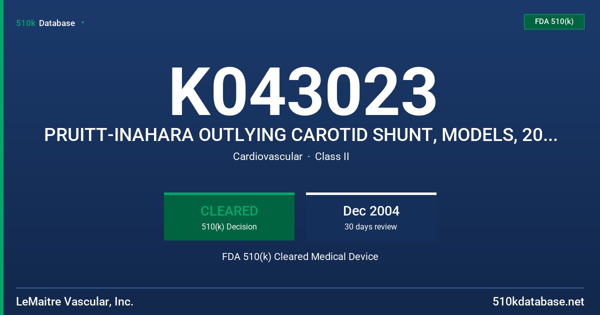 K043023 PRUITT-INAHARA OUTLYING CAROTID SHUNT, MODELS, 2012-49, 2013-49, 2014-49,2015-49,2016-49, 2017-49 FDA 510(k) Cleared Medical Device