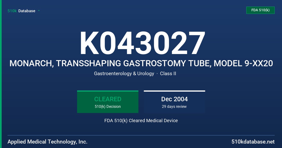 K043027 MONARCH, TRANSSHAPING GASTROSTOMY TUBE, MODEL 9-XX20 FDA 510(k) Cleared Medical Device