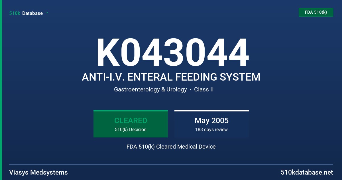 K043044 ANTI-I.V. ENTERAL FEEDING SYSTEM FDA 510(k) Cleared Medical Device