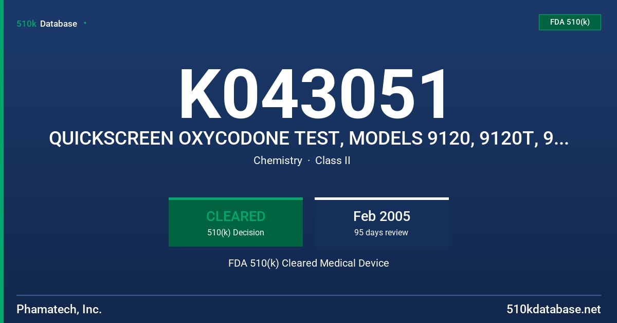 K043051 QUICKSCREEN OXYCODONE TEST, MODELS 9120, 9120T, 9120X AND 9121 FDA 510(k) Cleared Medical Device