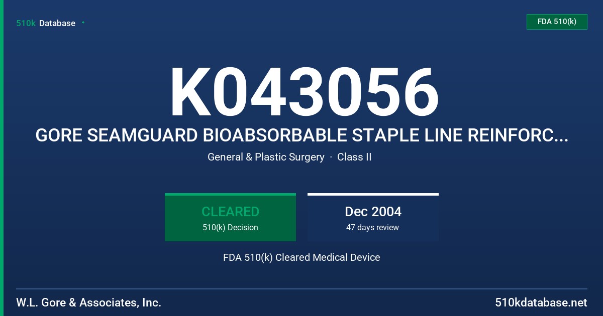 K043056 GORE SEAMGUARD BIOABSORBABLE STAPLE LINE REINFORCEMENT MATERIAL FDA 510(k) Cleared Medical Device