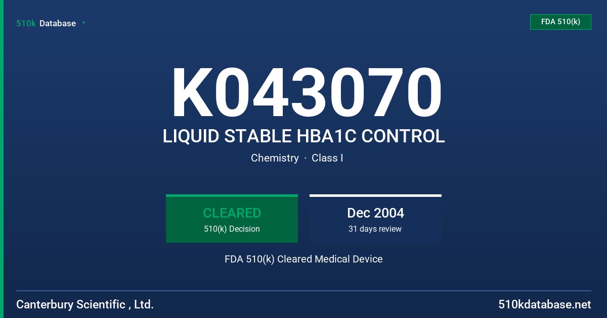 K043070 LIQUID STABLE HBA1C CONTROL FDA 510(k) Cleared Medical Device