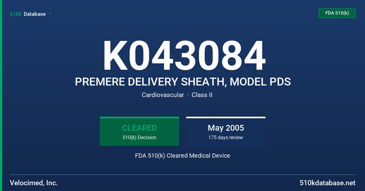 K043084 PREMERE DELIVERY SHEATH, MODEL PDS FDA 510(k) Cleared Medical Device