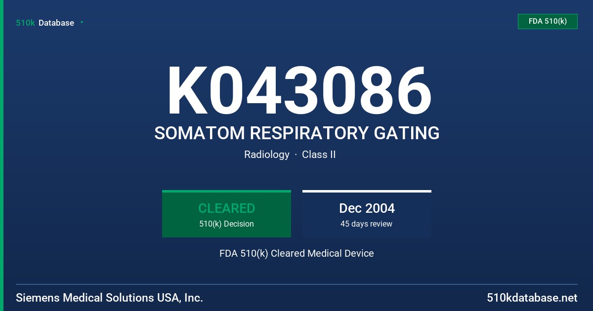 K043086 SOMATOM RESPIRATORY GATING FDA 510(k) Cleared Medical Device