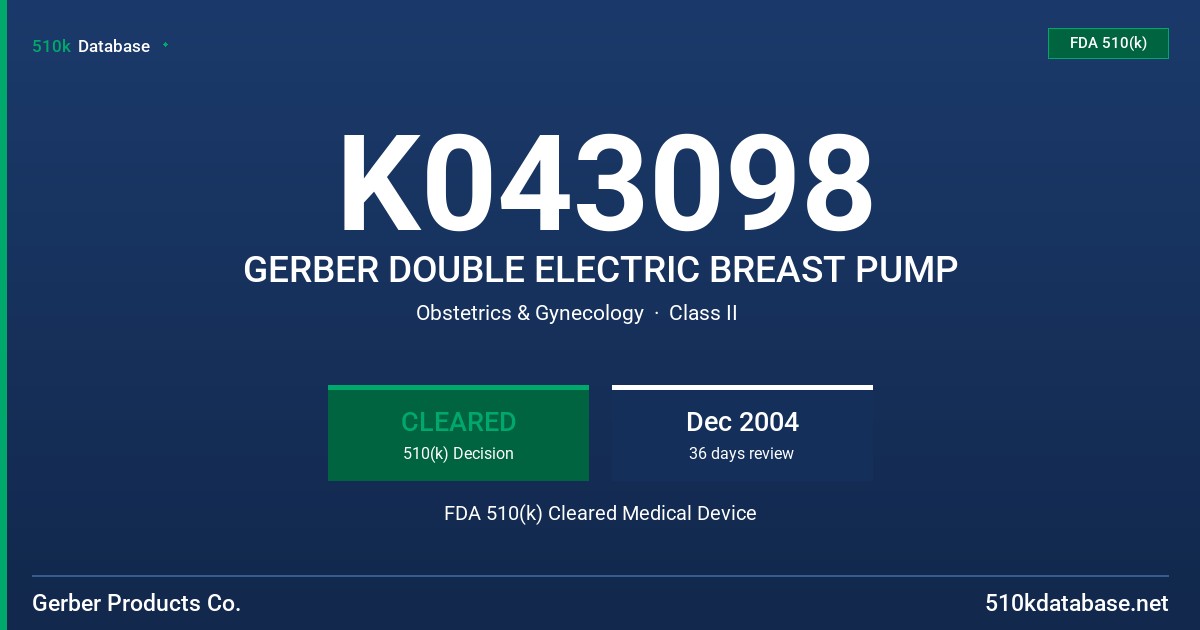 K043098 GERBER DOUBLE ELECTRIC BREAST PUMP FDA 510(k) Cleared Medical Device