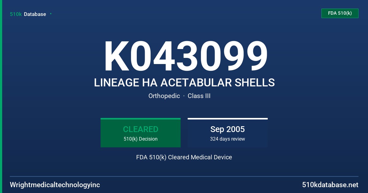 K043099 LINEAGE HA ACETABULAR SHELLS FDA 510(k) Cleared Medical Device