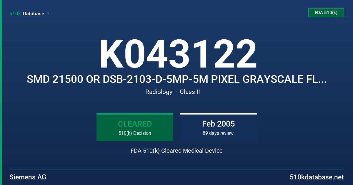K043122 SMD 21500 OR DSB-2103-D-5MP-5M PIXEL GRAYSCALE FLAT PANEL DISPLAY FDA 510(k) Cleared Medical Device