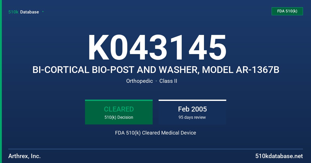 K043145 BI-CORTICAL BIO-POST AND WASHER, MODEL AR-1367B FDA 510(k) Cleared Medical Device