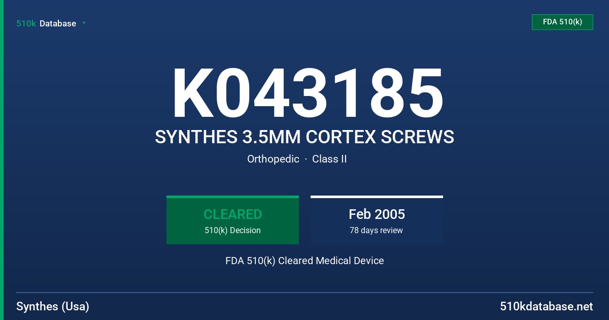 K043185 SYNTHES 3.5MM CORTEX SCREWS FDA 510(k) Cleared Medical Device