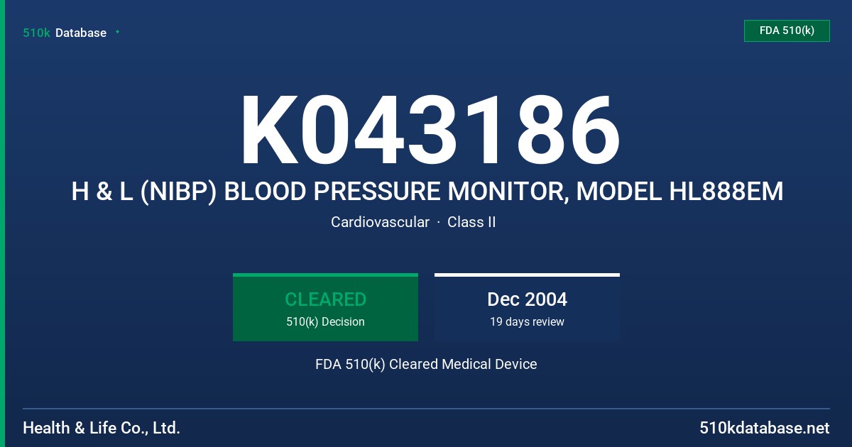 K043186 H & L (NIBP) BLOOD PRESSURE MONITOR, MODEL HL888EM FDA 510(k) Cleared Medical Device