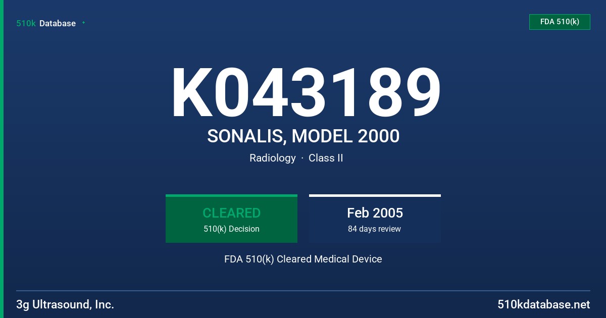 K043189 SONALIS, MODEL 2000 FDA 510(k) Cleared Medical Device