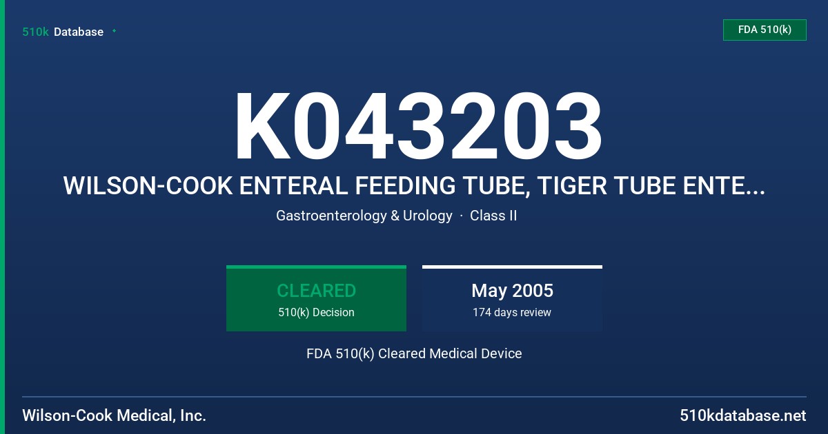 K043203 WILSON-COOK ENTERAL FEEDING TUBE, TIGER TUBE ENTERAL FEEDING TUBE FDA 510(k) Cleared Medical Device