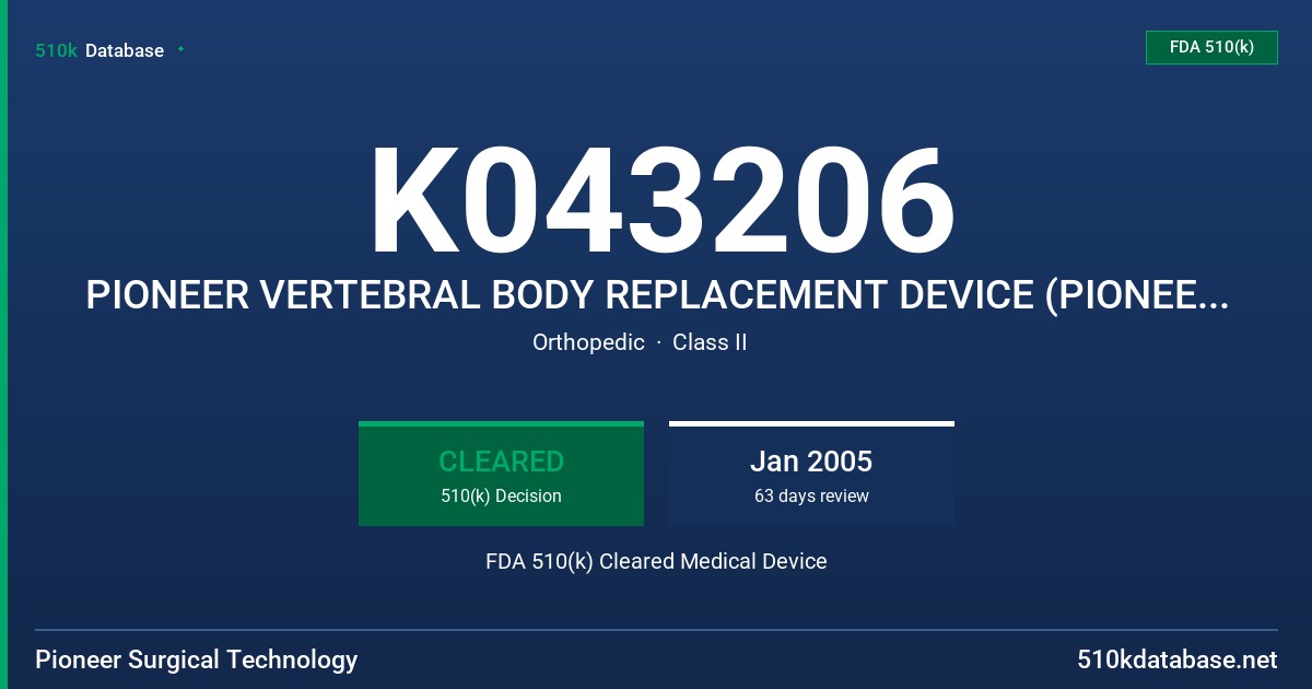 K043206 PIONEER VERTEBRAL BODY REPLACEMENT DEVICE (PIONEER VERTEBRAL SPACER) FDA 510(k) Cleared Medical Device