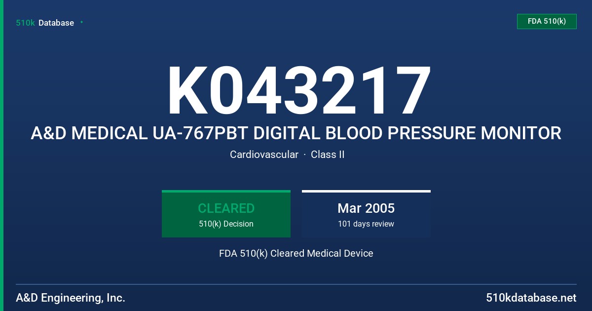 K043217 A&D MEDICAL UA-767PBT DIGITAL BLOOD PRESSURE MONITOR FDA 510(k) Cleared Medical Device