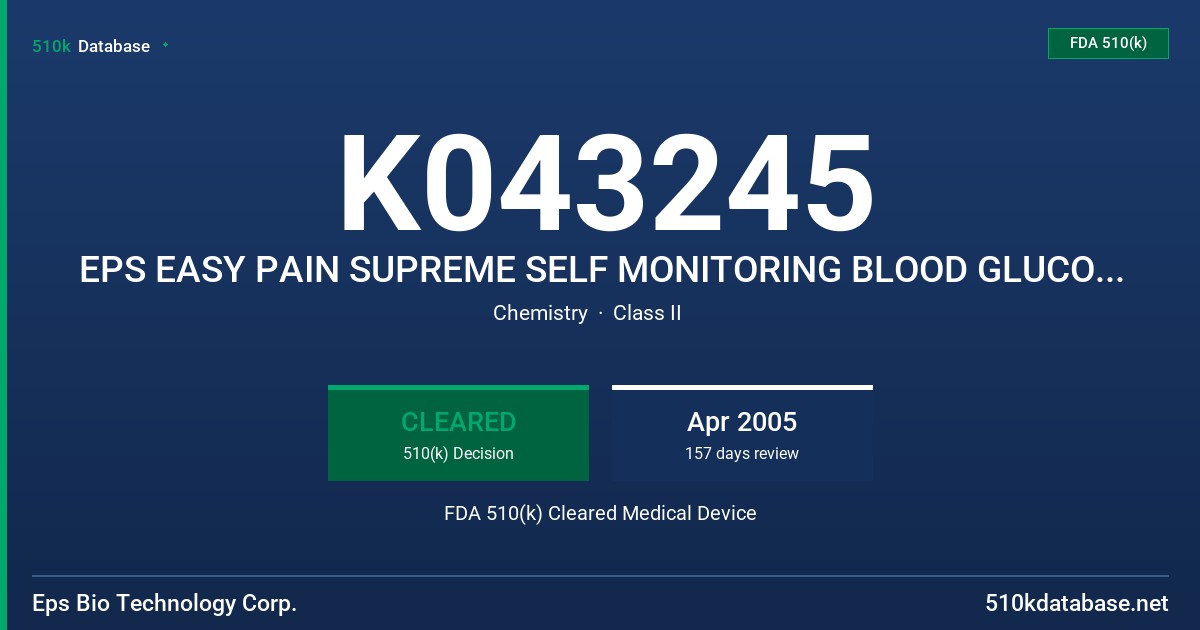 K043245 EPS EASY PAIN SUPREME SELF MONITORING BLOOD GLUCOSE SYSTEM FDA 510(k) Cleared Medical Device