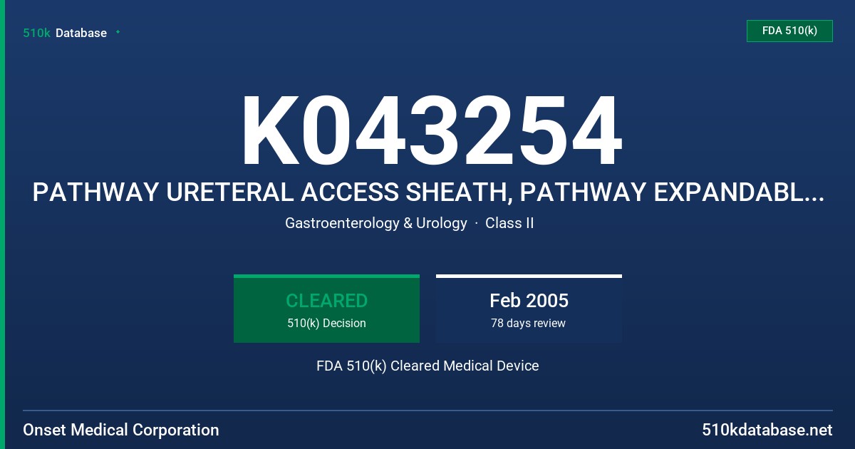 K043254 PATHWAY URETERAL ACCESS SHEATH, PATHWAY EXPANDABLE URETERAL ACCESS SHEATH FDA 510(k) Cleared Medical Device