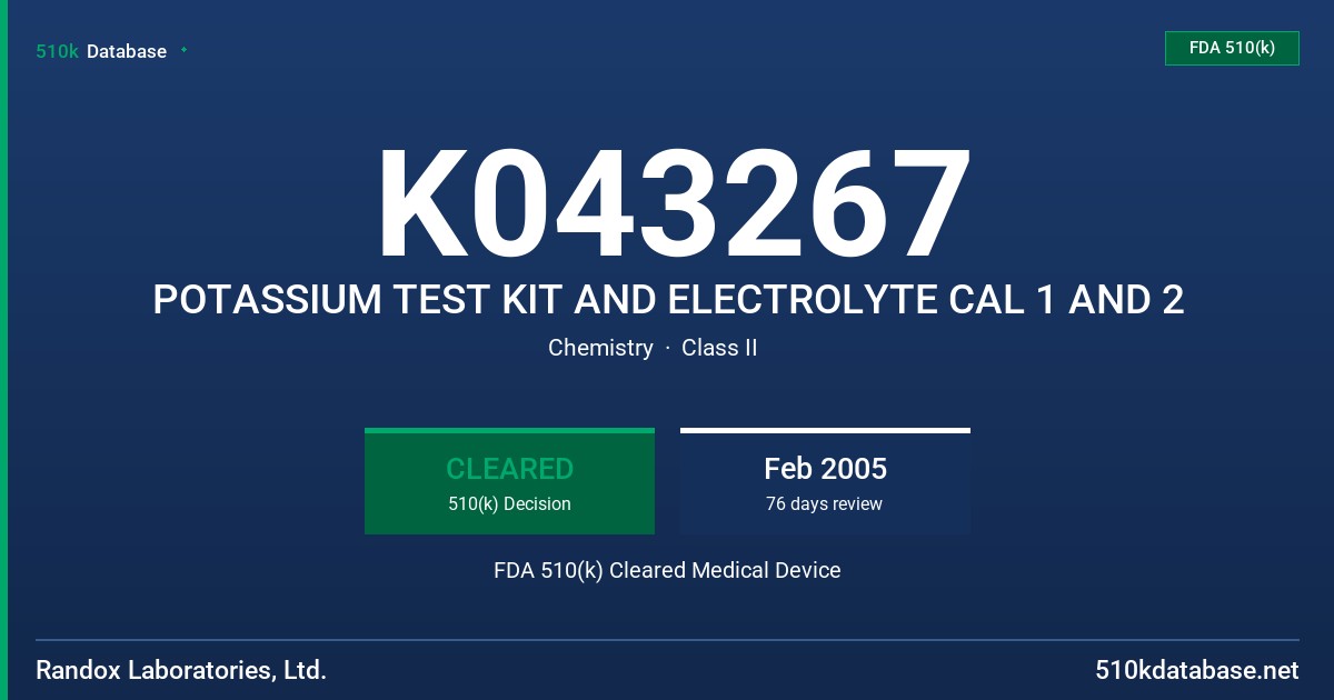 K043267 POTASSIUM TEST KIT AND ELECTROLYTE CAL 1 AND 2 FDA 510(k) Cleared Medical Device