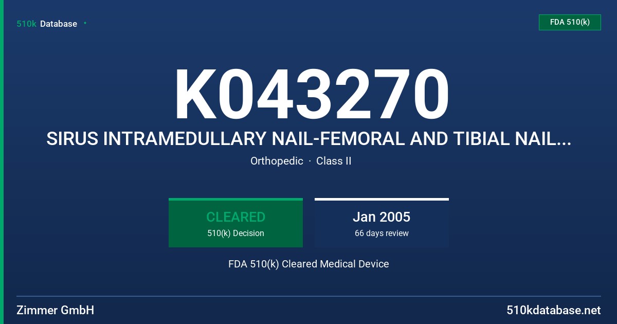K043270 SIRUS INTRAMEDULLARY NAIL-FEMORAL AND TIBIAL NAILS, MODELS 02.02631, 02.02651, 02.02652 SERIES FDA 510(k) Cleared Medical Device