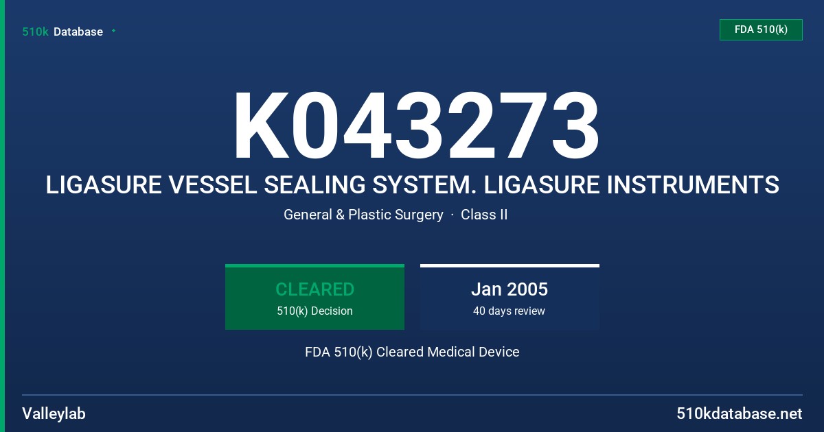 K043273 LIGASURE VESSEL SEALING SYSTEM. LIGASURE INSTRUMENTS FDA 510(k) Cleared Medical Device