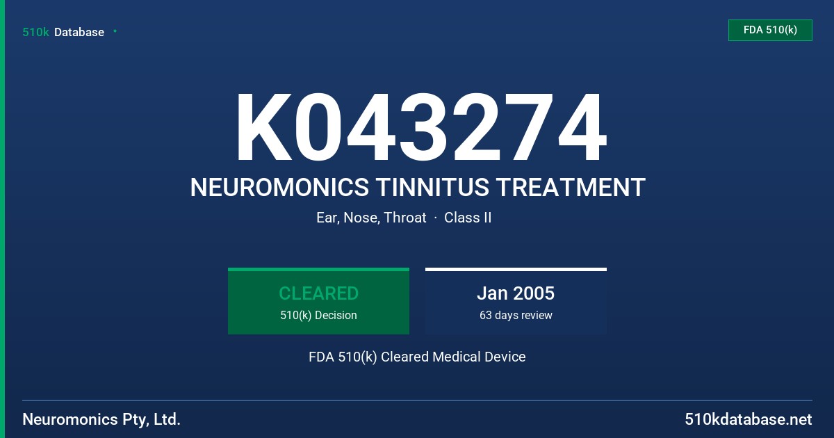 K043274 NEUROMONICS TINNITUS TREATMENT FDA 510(k) Cleared Medical Device