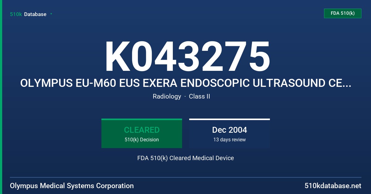 K043275 OLYMPUS EU-M60 EUS EXERA ENDOSCOPIC ULTRASOUND CENTER FDA 510(k) Cleared Medical Device