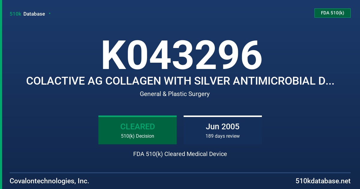 K043296 COLACTIVE AG COLLAGEN WITH SILVER ANTIMICROBIAL DRESSING FDA 510(k) Cleared Medical Device