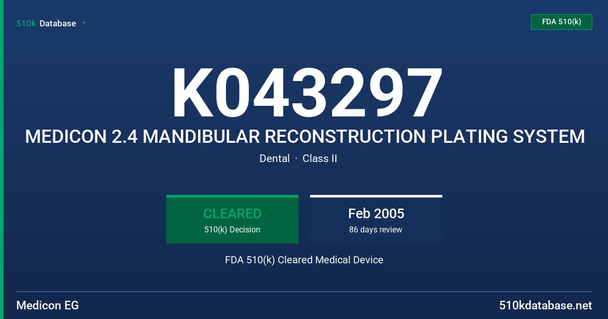 K043297 MEDICON 2.4 MANDIBULAR RECONSTRUCTION PLATING SYSTEM FDA 510(k) Cleared Medical Device