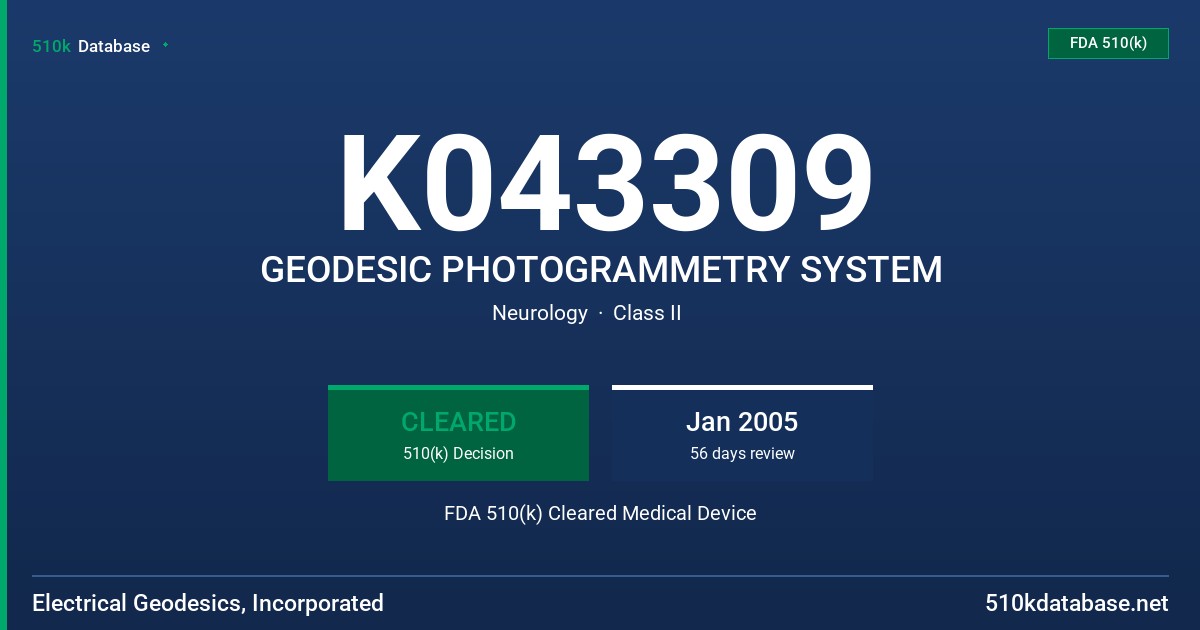 K043309 GEODESIC PHOTOGRAMMETRY SYSTEM FDA 510(k) Cleared Medical Device