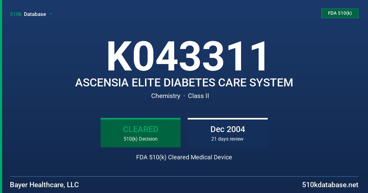 K043311 ASCENSIA ELITE DIABETES CARE SYSTEM FDA 510(k) Cleared Medical Device