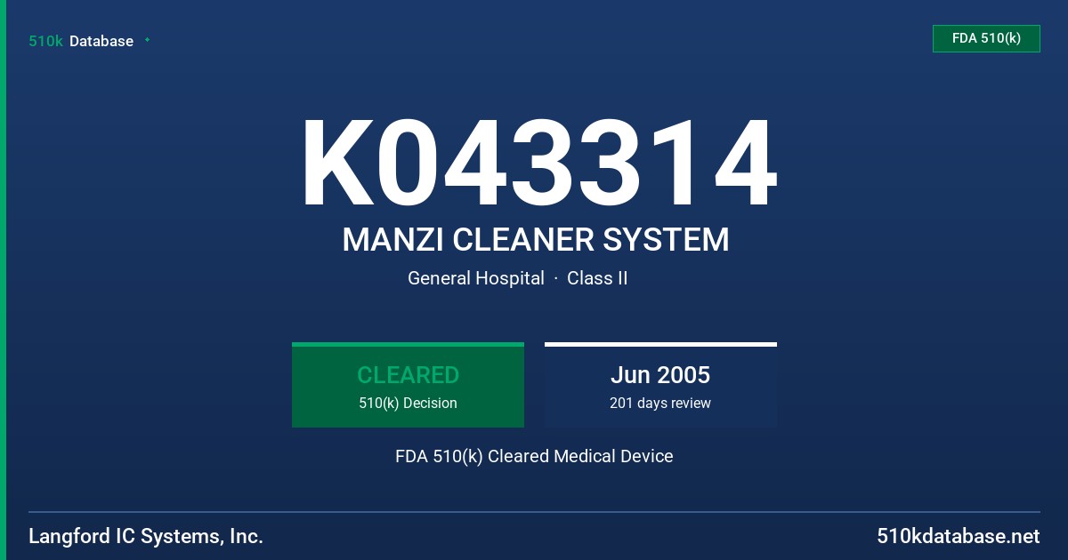K043314 MANZI CLEANER SYSTEM FDA 510(k) Cleared Medical Device
