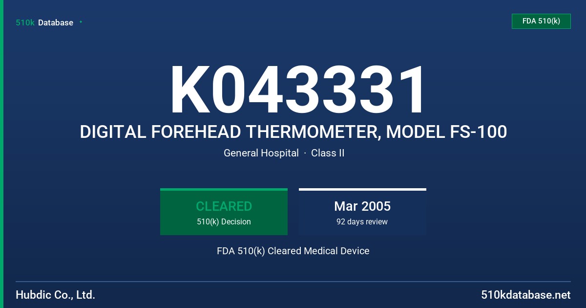 K043331 DIGITAL FOREHEAD THERMOMETER, MODEL FS-100 FDA 510(k) Cleared Medical Device