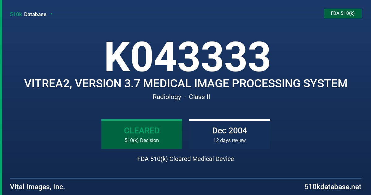 K043333 VITREA2, VERSION 3.7 MEDICAL IMAGE PROCESSING SYSTEM FDA 510(k) Cleared Medical Device
