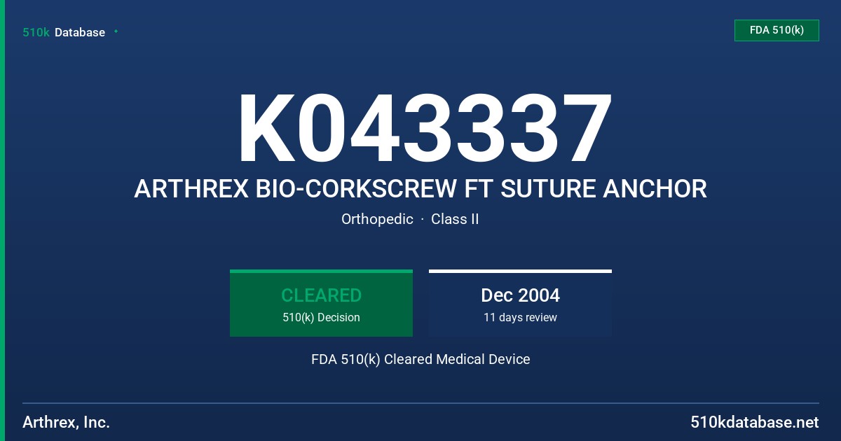 K043337 ARTHREX BIO-CORKSCREW FT SUTURE ANCHOR FDA 510(k) Cleared Medical Device