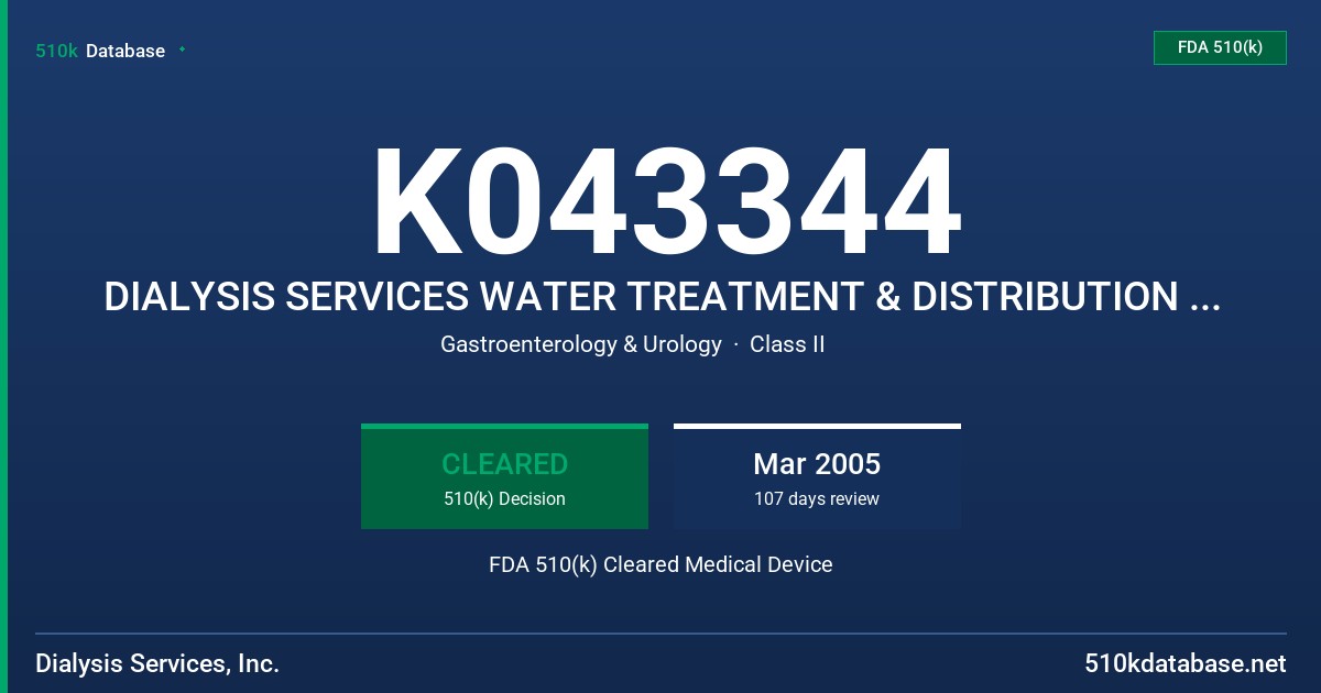 K043344 DIALYSIS SERVICES WATER TREATMENT & DISTRIBUTION SYSTEM FDA 510(k) Cleared Medical Device