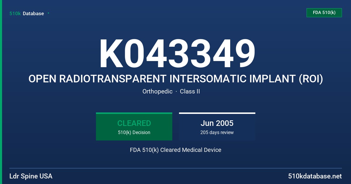 K043349 OPEN RADIOTRANSPARENT INTERSOMATIC IMPLANT (ROI) FDA 510(k) Cleared Medical Device