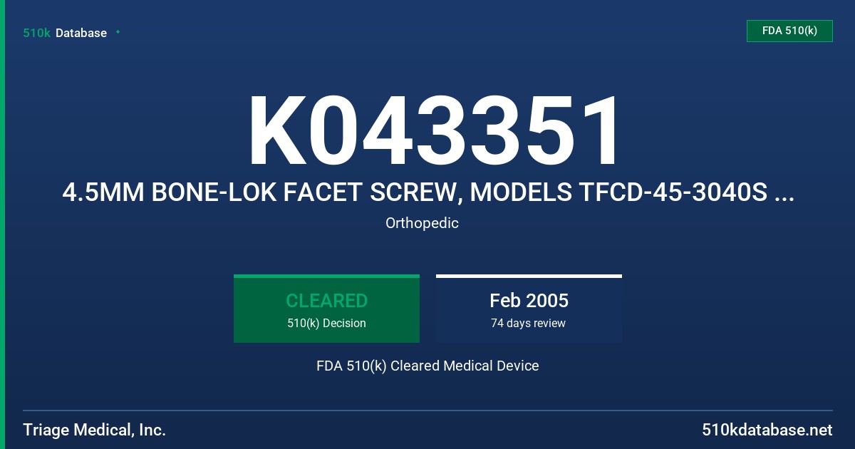 K043351 4.5MM BONE-LOK FACET SCREW, MODELS TFCD-45-3040S OR N FDA 510(k) Cleared Medical Device