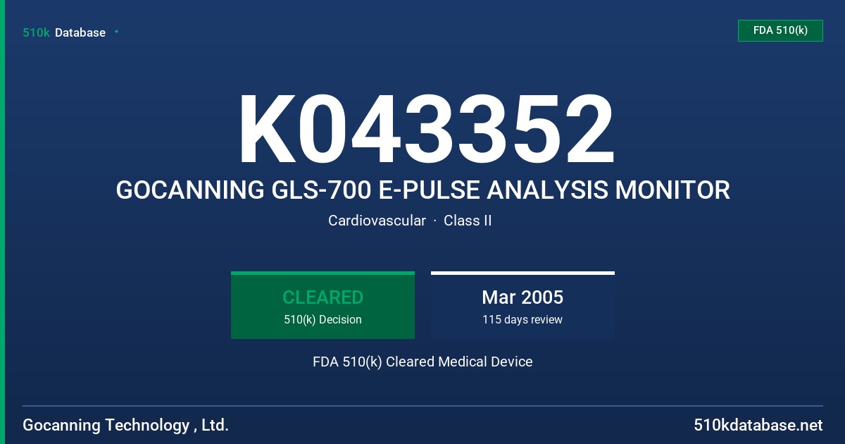 K043352 GOCANNING GLS-700 E-PULSE ANALYSIS MONITOR FDA 510(k) Cleared Medical Device