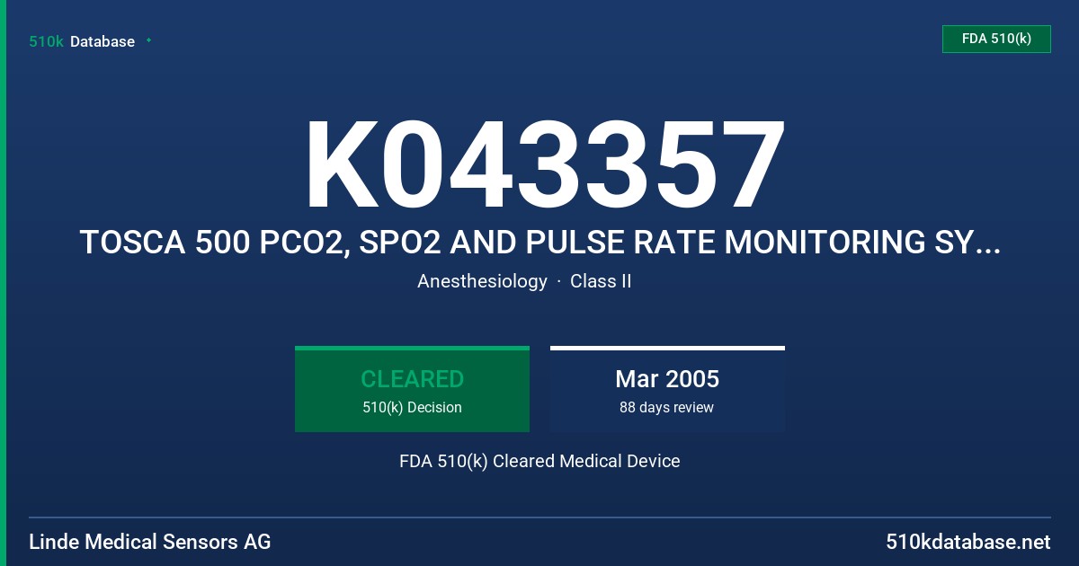 K043357 TOSCA 500 PCO2, SPO2 AND PULSE RATE MONITORING SYSTEM, MODEL 5202009 FDA 510(k) Cleared Medical Device