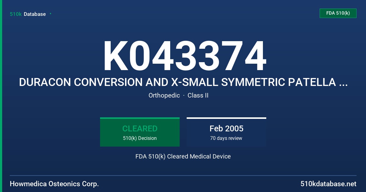 K043374 DURACON CONVERSION AND X-SMALL SYMMETRIC PATELLA WITH PERI-APATITE COATING FDA 510(k) Cleared Medical Device