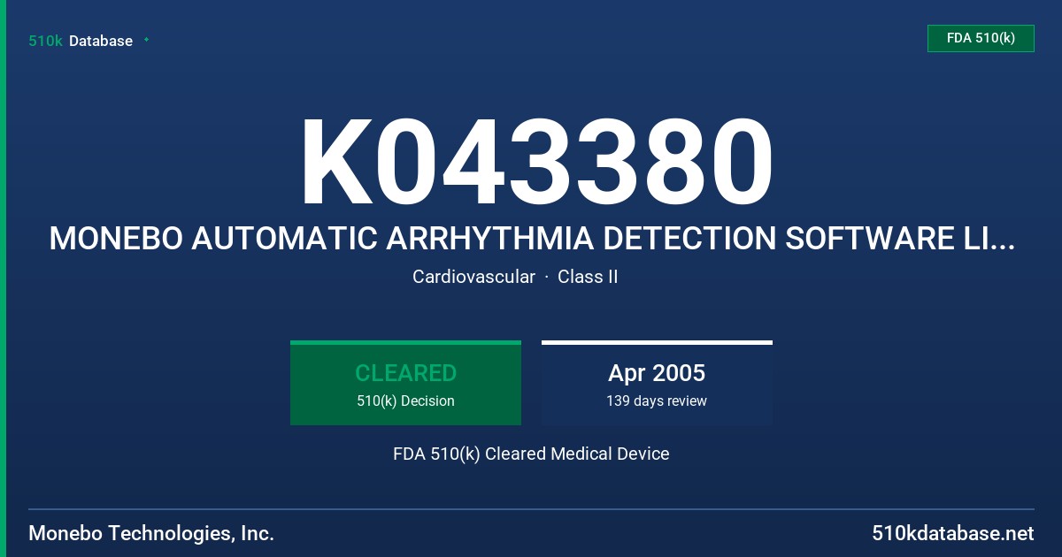 K043380 MONEBO AUTOMATIC ARRHYTHMIA DETECTION SOFTWARE LIBRARY, VERSION 1 FDA 510(k) Cleared Medical Device