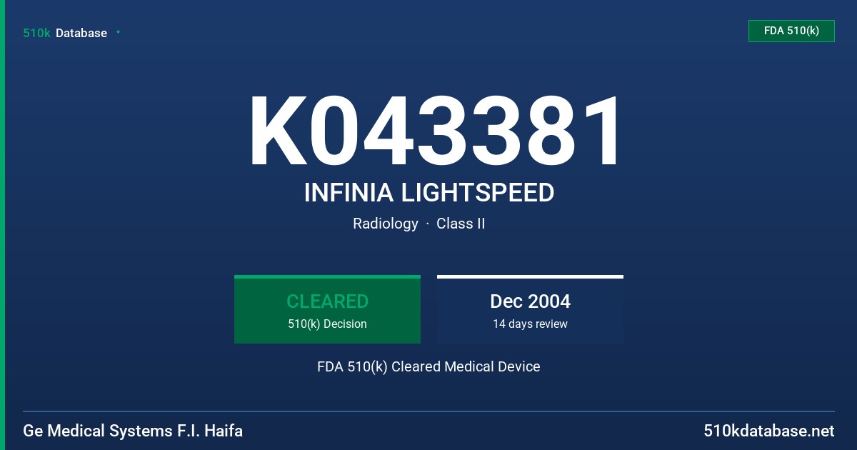 K043381 INFINIA LIGHTSPEED FDA 510(k) Cleared Medical Device