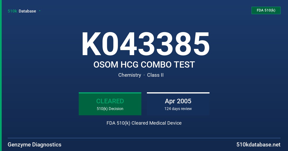 K043385 OSOM HCG COMBO TEST FDA 510(k) Cleared Medical Device