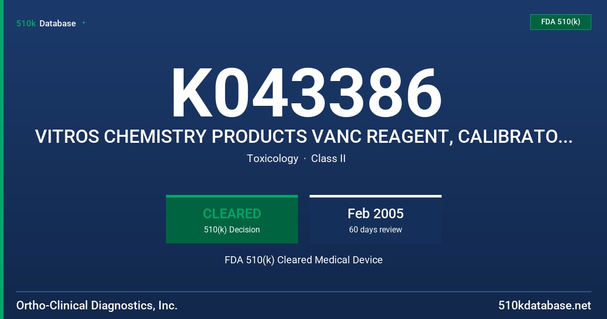 K043386 VITROS CHEMISTRY PRODUCTS VANC REAGENT, CALIBRATOR KIT 11 AND TDM PERFORMANCE VERIFIERS I, II AND III FDA 510(k) Cleared Medical Device