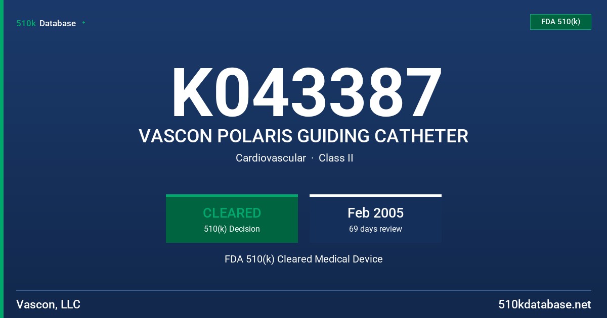 K043387 VASCON POLARIS GUIDING CATHETER FDA 510(k) Cleared Medical Device