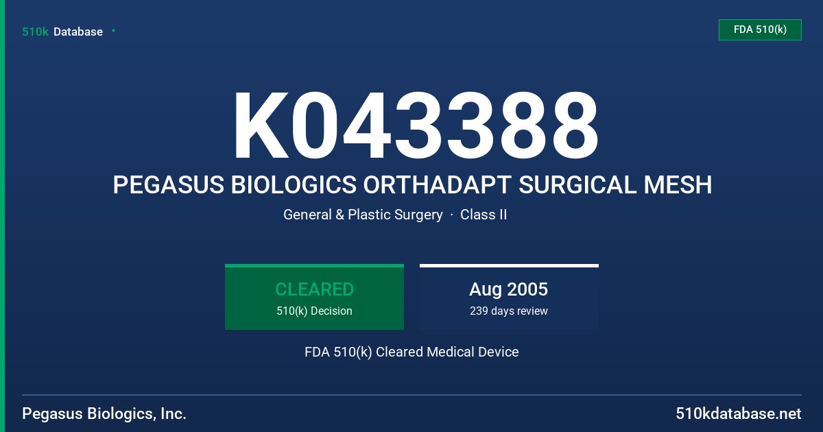 K043388 PEGASUS BIOLOGICS ORTHADAPT SURGICAL MESH FDA 510(k) Cleared Medical Device