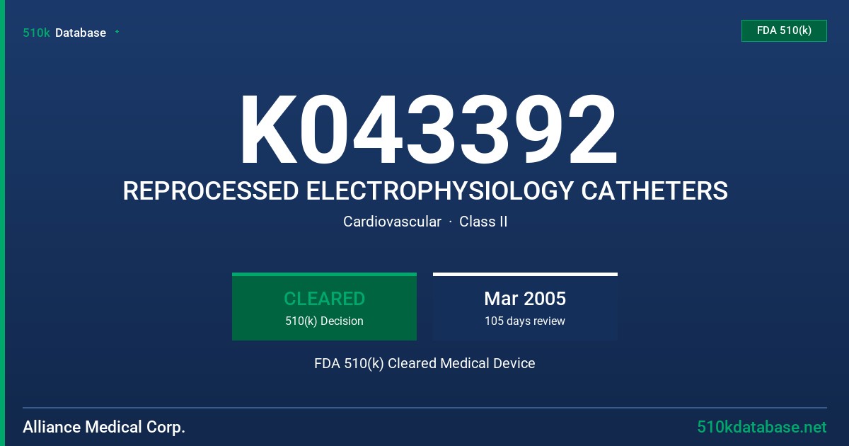 K043392 REPROCESSED ELECTROPHYSIOLOGY CATHETERS FDA 510(k) Cleared Medical Device