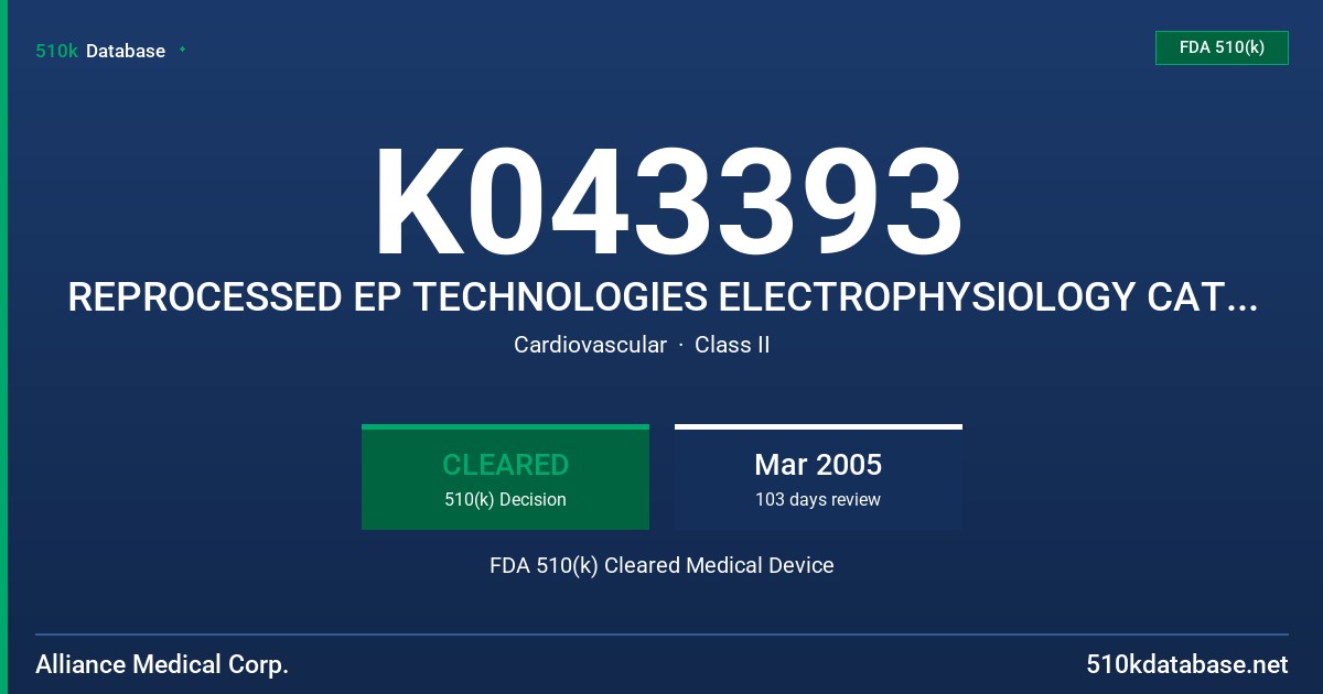 K043393 REPROCESSED EP TECHNOLOGIES ELECTROPHYSIOLOGY CATHETERS FDA 510(k) Cleared Medical Device