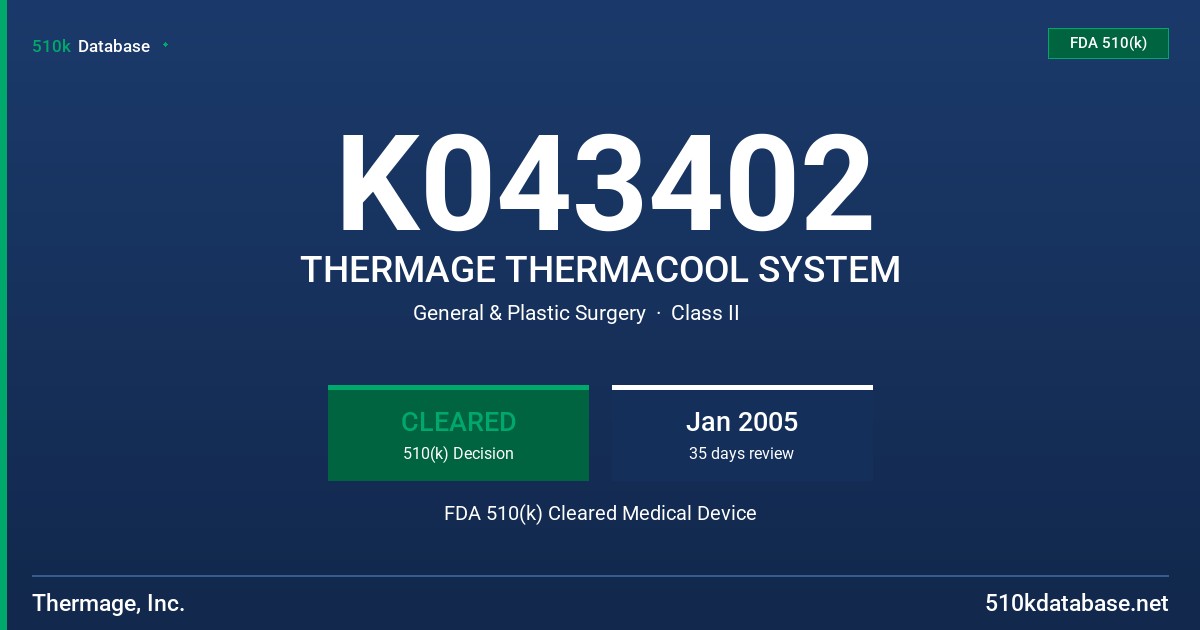 K043402 THERMAGE THERMACOOL SYSTEM FDA 510(k) Cleared Medical Device